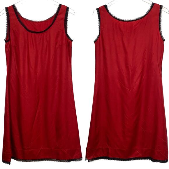 Vintage 60s Whimsigoth Silky Red Taffeta Black Lace Full Slip Dress Women Size M - Picture 8 of 9